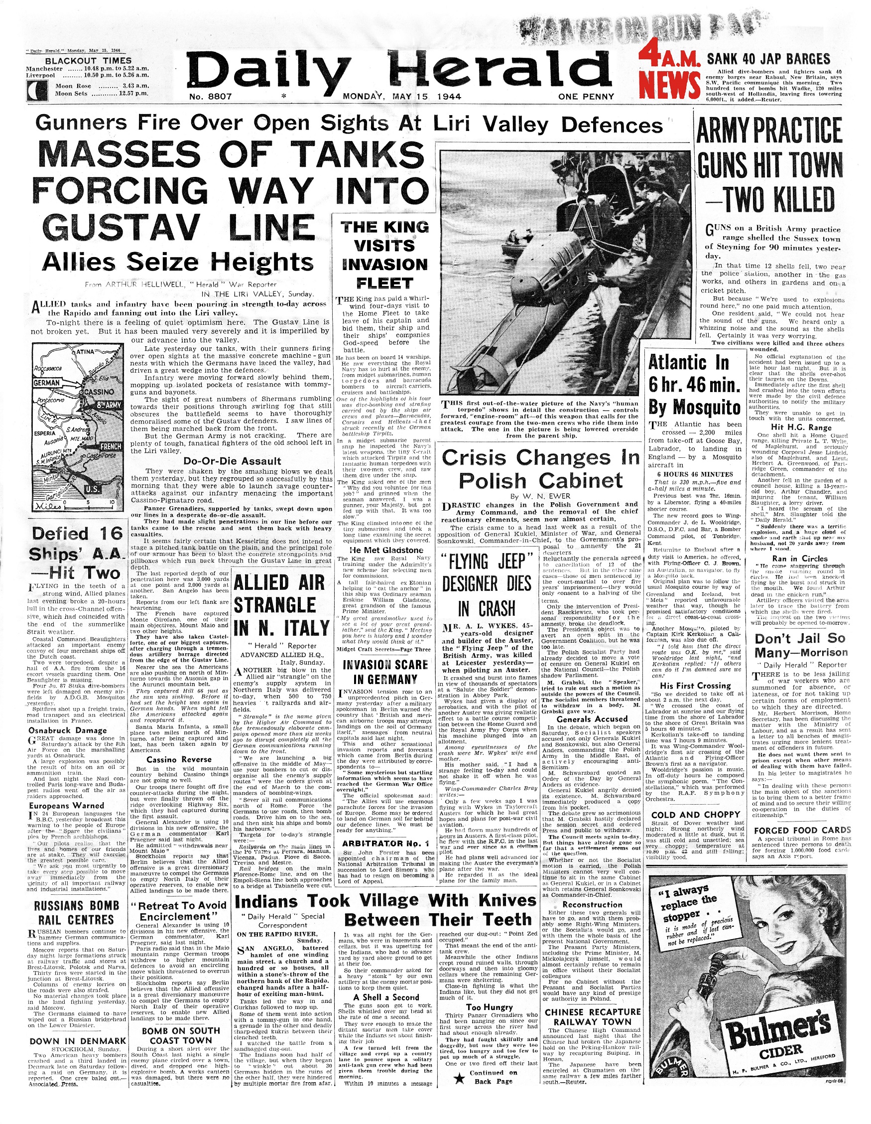 Front page Daily Herald 15 May 1944
